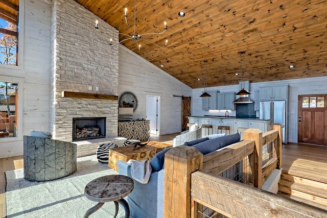 living room with a fireplace, wooden walls, high vaulted ceiling, wood ceiling, and wood finished floors