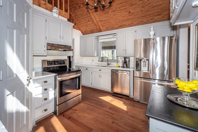 kitchen featuring dark wood-style floors, wood ceiling, stainless steel appliances, under cabinet range hood, and a sink