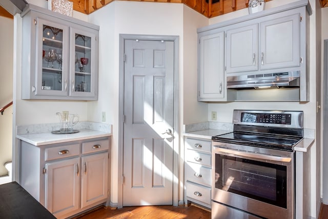 kitchen with light wood-style flooring, gray cabinetry, under cabinet range hood, stainless steel electric range, and glass insert cabinets