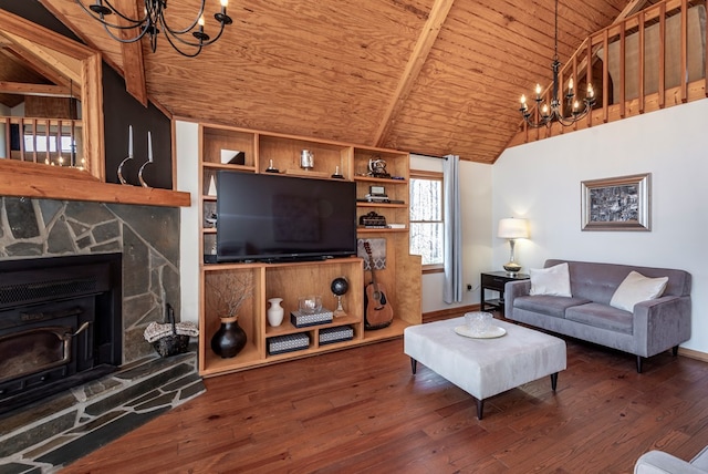 living room featuring hardwood / wood-style flooring, a fireplace, wood ceiling, vaulted ceiling, and an inviting chandelier