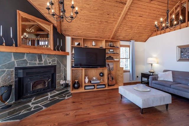 living room with a fireplace, lofted ceiling, an inviting chandelier, wooden ceiling, and hardwood / wood-style flooring