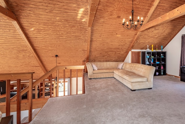 unfurnished living room with lofted ceiling with beams, an inviting chandelier, wood ceiling, and carpet