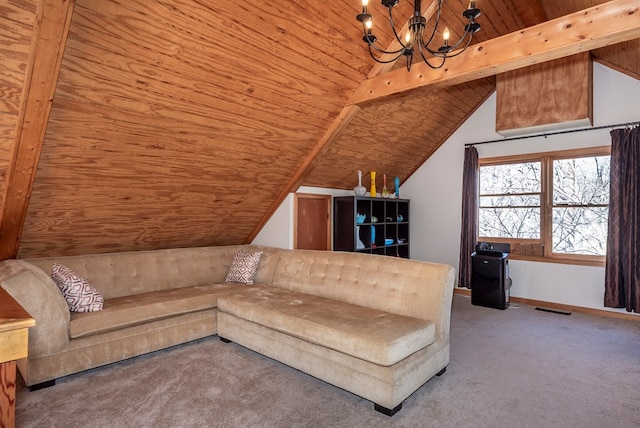 living area with vaulted ceiling with beams, visible vents, a notable chandelier, and carpet flooring