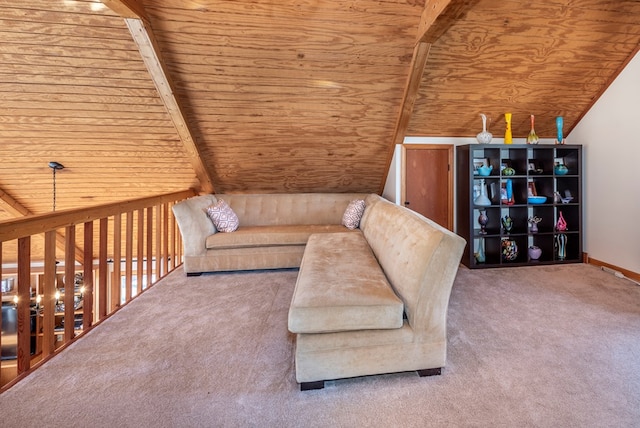 unfurnished living room featuring vaulted ceiling with beams, wooden ceiling, baseboards, and carpet flooring