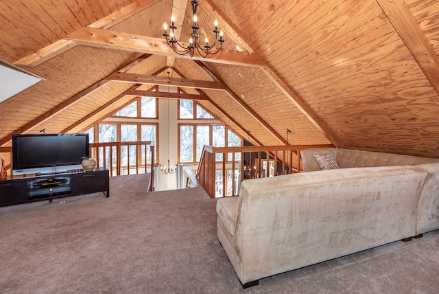 unfurnished living room with vaulted ceiling with beams, wood ceiling, carpet floors, and a chandelier