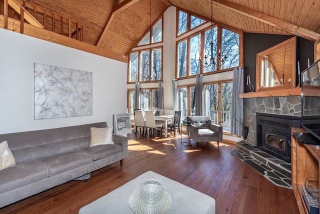 living room featuring high vaulted ceiling, wooden ceiling, and wood-type flooring