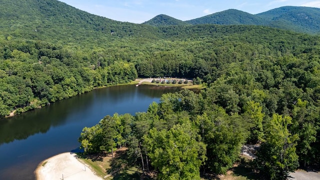 bird's eye view with a wooded view and a water and mountain view