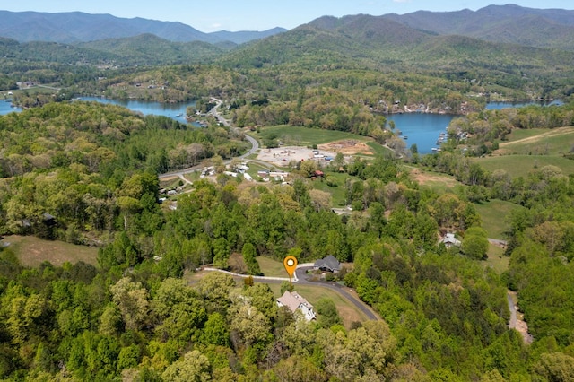 bird's eye view featuring a water and mountain view