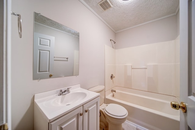 bathroom with a textured ceiling, toilet, visible vents, vanity, and tub / shower combination