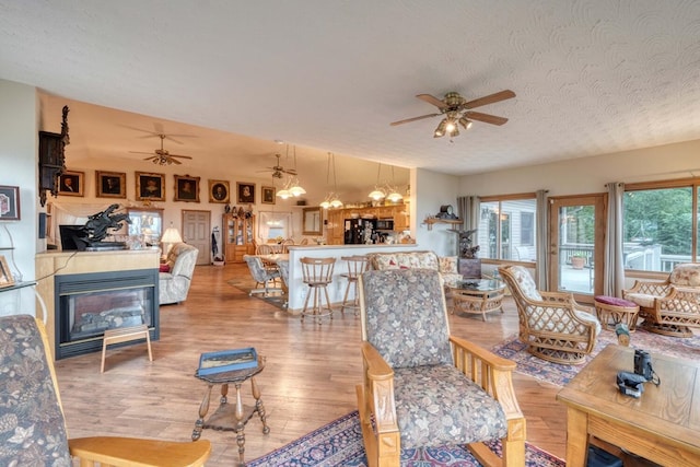 645 E Double Knob Dr, Hayesville, NC 28904 - living area featuring ceiling fan, wood finished floors, healthy amount of natural light, a textured ceiling, and a fireplace