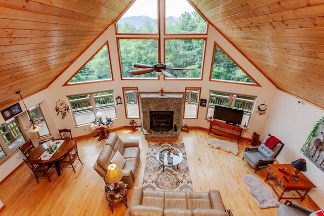 unfurnished living room with a fireplace, light wood-type flooring, high vaulted ceiling, and wood ceiling