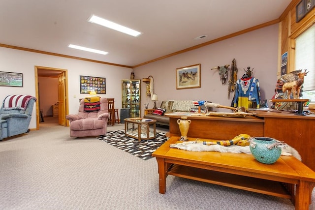 carpeted living room with crown molding