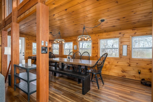 dining area with lofted ceiling, dark wood-type flooring, and wood ceiling