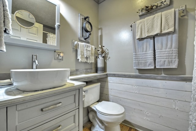 full bath featuring toilet, wood walls, wainscoting, and vanity