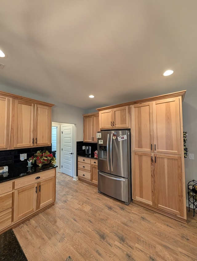 181 Charles Ln, Morganton, GA 30560 - kitchen with stainless steel fridge with ice dispenser, light wood-type flooring, backsplash, recessed lighting, and light brown cabinetry