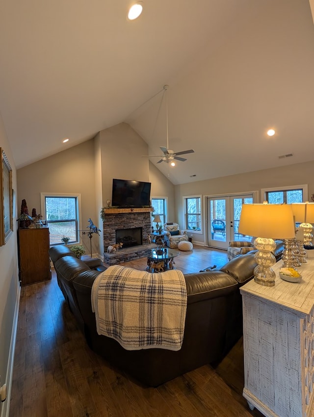 181 Charles Ln, Morganton, GA 30560 - living area featuring a ceiling fan, hardwood / wood-style floors, a fireplace, recessed lighting, and baseboards