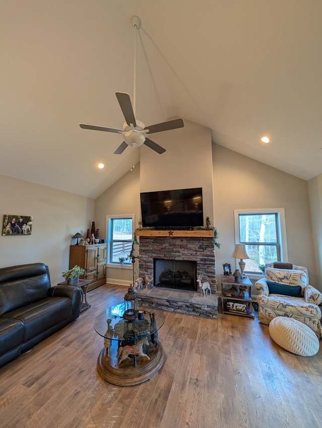 181 Charles Ln, Morganton, GA 30560 - living area featuring plenty of natural light, a ceiling fan, recessed lighting, a fireplace, and wood finished floors