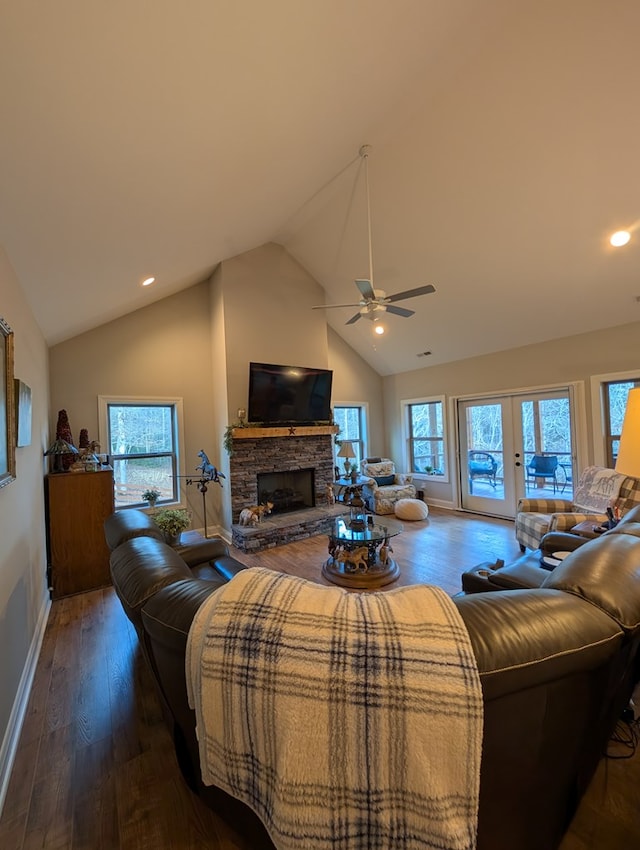 181 Charles Ln, Morganton, GA 30560 - living area with wood finished floors, ceiling fan, a fireplace, baseboards, and recessed lighting