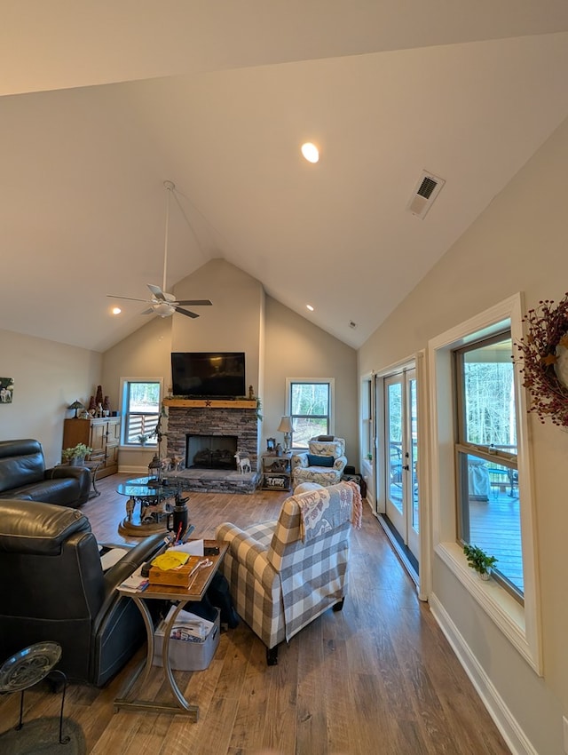 181 Charles Ln, Morganton, GA 30560 - living area featuring wood finished floors, a fireplace, ceiling fan, recessed lighting, and high vaulted ceiling