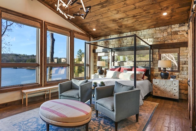 bedroom featuring vaulted ceiling, dark hardwood / wood-style flooring, wood ceiling, and multiple windows