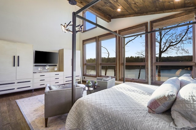 bedroom with a chandelier, lofted ceiling with beams, dark wood-type flooring, and wood ceiling