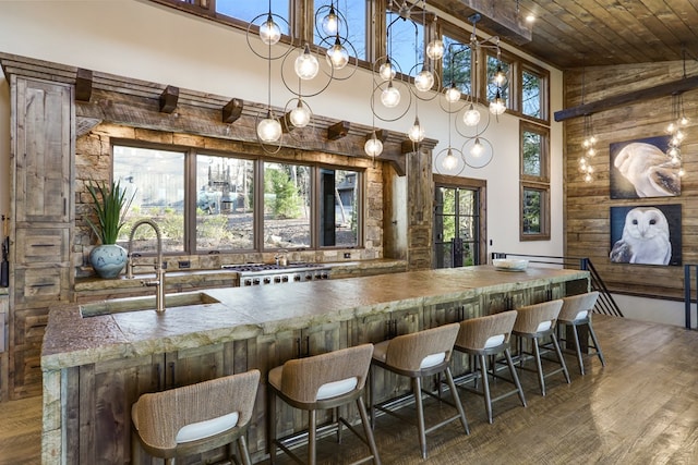 interior space with dark hardwood / wood-style floors, a healthy amount of sunlight, wooden ceiling, and high vaulted ceiling