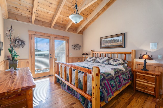 bedroom featuring access to exterior, lofted ceiling with beams, wood ceiling, and a wainscoted wall