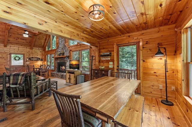 77 Old Covered Bridge Rd, Cherry Log, GA 30522 - dining area featuring wood ceiling, hardwood / wood-style flooring, plenty of natural light, wood walls, and a stone fireplace