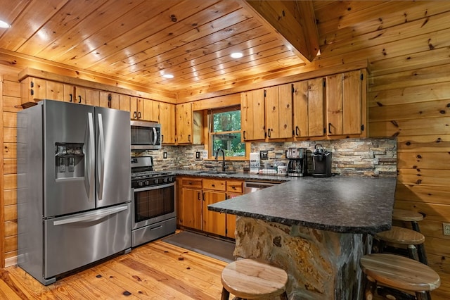 77 Old Covered Bridge Rd, Cherry Log, GA 30522 - kitchen featuring appliances with stainless steel finishes, a peninsula, dark countertops, light wood-style floors, and backsplash
