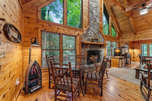 77 Old Covered Bridge Rd, Cherry Log, GA 30522 - dining area with light wood-type flooring, wooden walls, high vaulted ceiling, a stone fireplace, and a wood ceiling with exposed beams