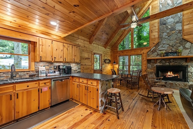77 Old Covered Bridge Rd, Cherry Log, GA 30522 - kitchen featuring stainless steel dishwasher, light wood-style floors, healthy amount of natural light, a peninsula, and a wood ceiling with exposed beams