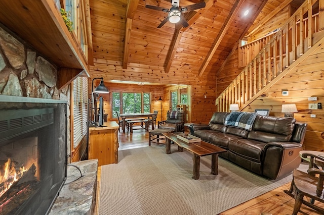 77 Old Covered Bridge Rd, Cherry Log, GA 30522 - living area with stairway, wood walls, a wooden ceiling with exposed beams, ceiling fan, and light wood-type flooring