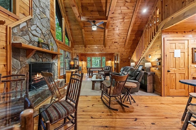 77 Old Covered Bridge Rd, Cherry Log, GA 30522 - living room featuring hardwood / wood-style flooring, a wood ceiling with exposed beams, wooden walls, a ceiling fan, and high vaulted ceiling