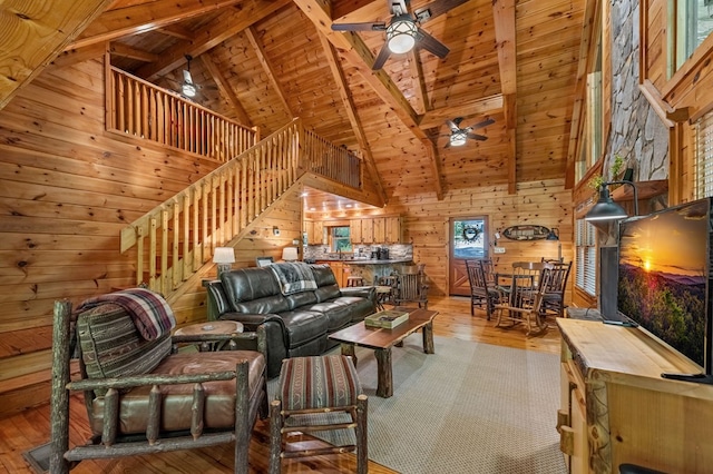 77 Old Covered Bridge Rd, Cherry Log, GA 30522 - living room featuring a ceiling fan, wood-type flooring, a wooden ceiling with exposed beams, wooden walls, and high vaulted ceiling