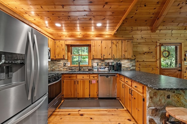 77 Old Covered Bridge Rd, Cherry Log, GA 30522 - kitchen featuring stainless steel appliances, wooden ceiling, a peninsula, tasteful backsplash, and light wood-style floors