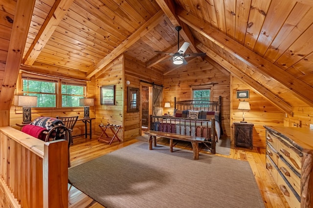 77 Old Covered Bridge Rd, Cherry Log, GA 30522 - bedroom with light wood finished floors, multiple windows, wooden walls, and wooden ceiling