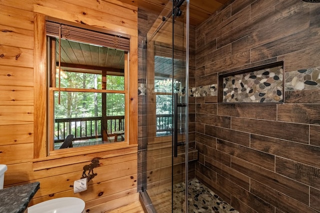 77 Old Covered Bridge Rd, Cherry Log, GA 30522 - bathroom featuring a shower stall, wood walls, and vanity