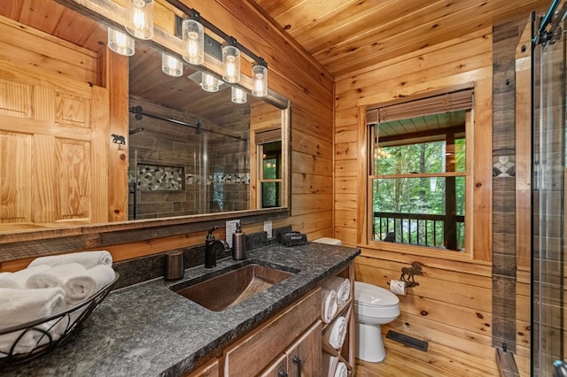 77 Old Covered Bridge Rd, Cherry Log, GA 30522 - bathroom with a shower stall, vanity, wooden walls, and wood ceiling