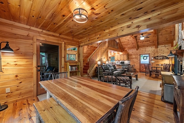 77 Old Covered Bridge Rd, Cherry Log, GA 30522 - dining room featuring wood walls, wood ceiling, light wood-type flooring, and stairway