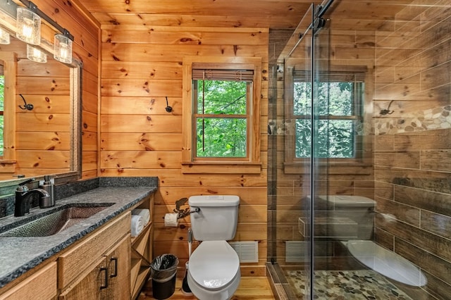 77 Old Covered Bridge Rd, Cherry Log, GA 30522 - bathroom with vanity, a stall shower, and wood walls