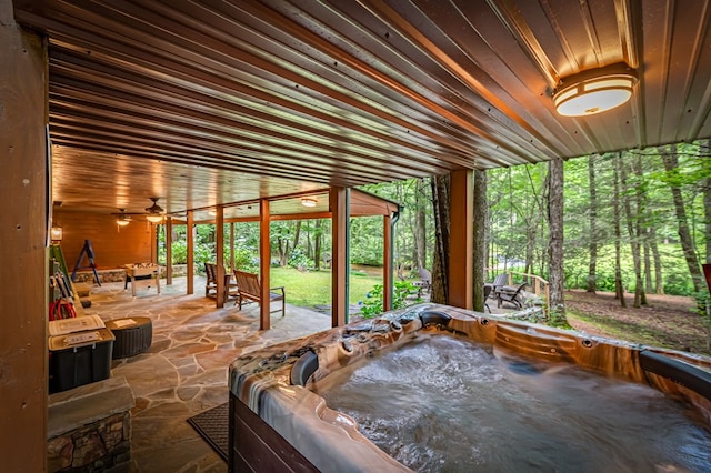 77 Old Covered Bridge Rd, Cherry Log, GA 30522 - view of patio featuring a hot tub and ceiling fan