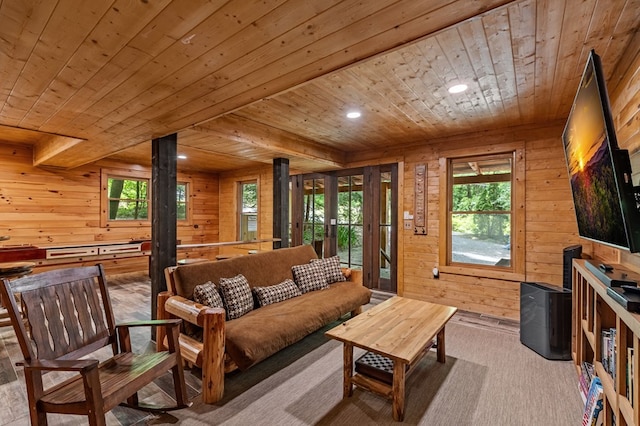 77 Old Covered Bridge Rd, Cherry Log, GA 30522 - living area featuring wood ceiling, wood walls, recessed lighting, and light colored carpet