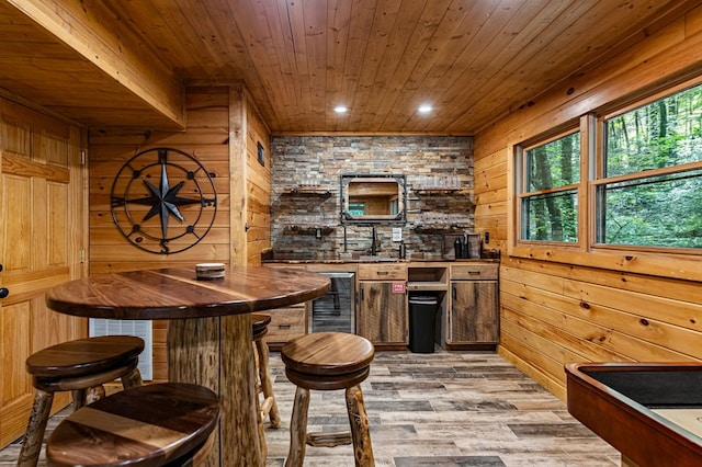 77 Old Covered Bridge Rd, Cherry Log, GA 30522 - indoor wet bar featuring wood ceiling, wood walls, light wood finished floors, wine cooler, and recessed lighting