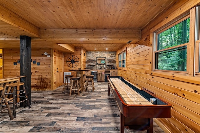 77 Old Covered Bridge Rd, Cherry Log, GA 30522 - game room with a dry bar, wood walls, dark wood finished floors, wood ceiling, and wine cooler