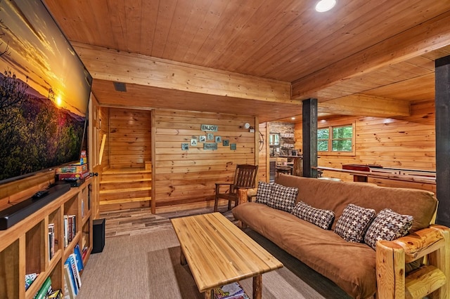 77 Old Covered Bridge Rd, Cherry Log, GA 30522 - living room featuring wood ceiling, wooden walls, recessed lighting, and wood finished floors