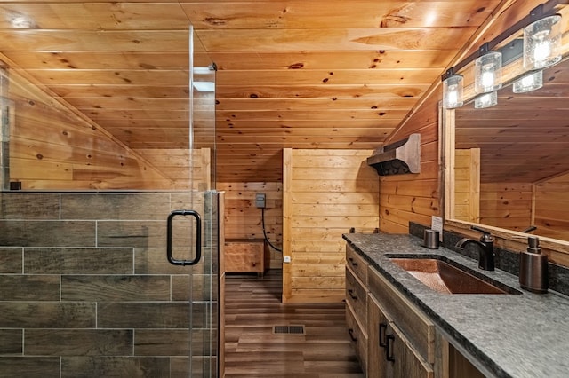 77 Old Covered Bridge Rd, Cherry Log, GA 30522 - bathroom with wooden ceiling, vanity, wood finished floors, vaulted ceiling, and wood walls