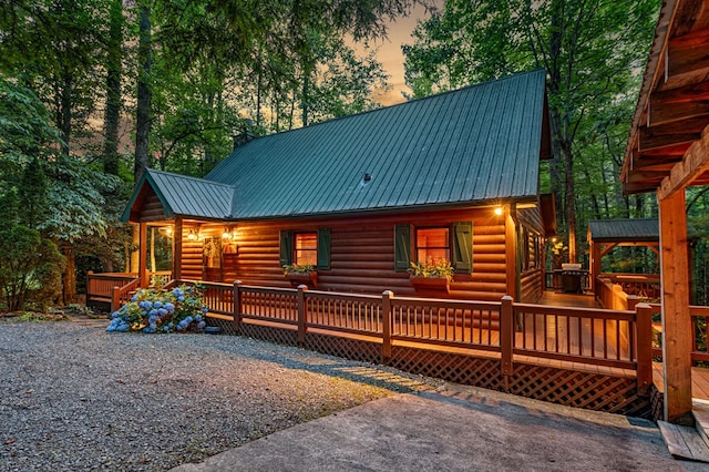 77 Old Covered Bridge Rd, Cherry Log, GA 30522 - view of front of property with a metal roof, a wooden deck, and log exterior
