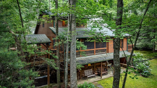 77 Old Covered Bridge Rd, Cherry Log, GA 30522 - rear view of house featuring a patio, a metal roof, and faux log siding