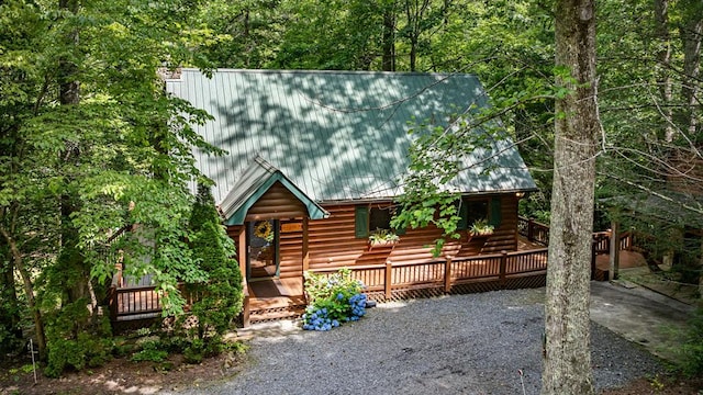 77 Old Covered Bridge Rd, Cherry Log, GA 30522 - view of front of property featuring a deck, a metal roof, and log veneer siding