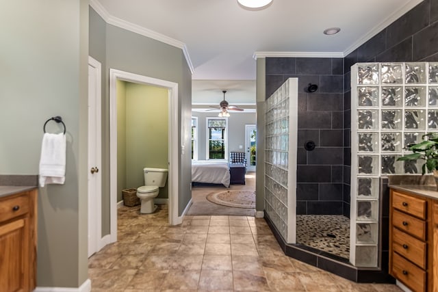 full bathroom with ensuite bath, a walk in shower, crown molding, and vanity